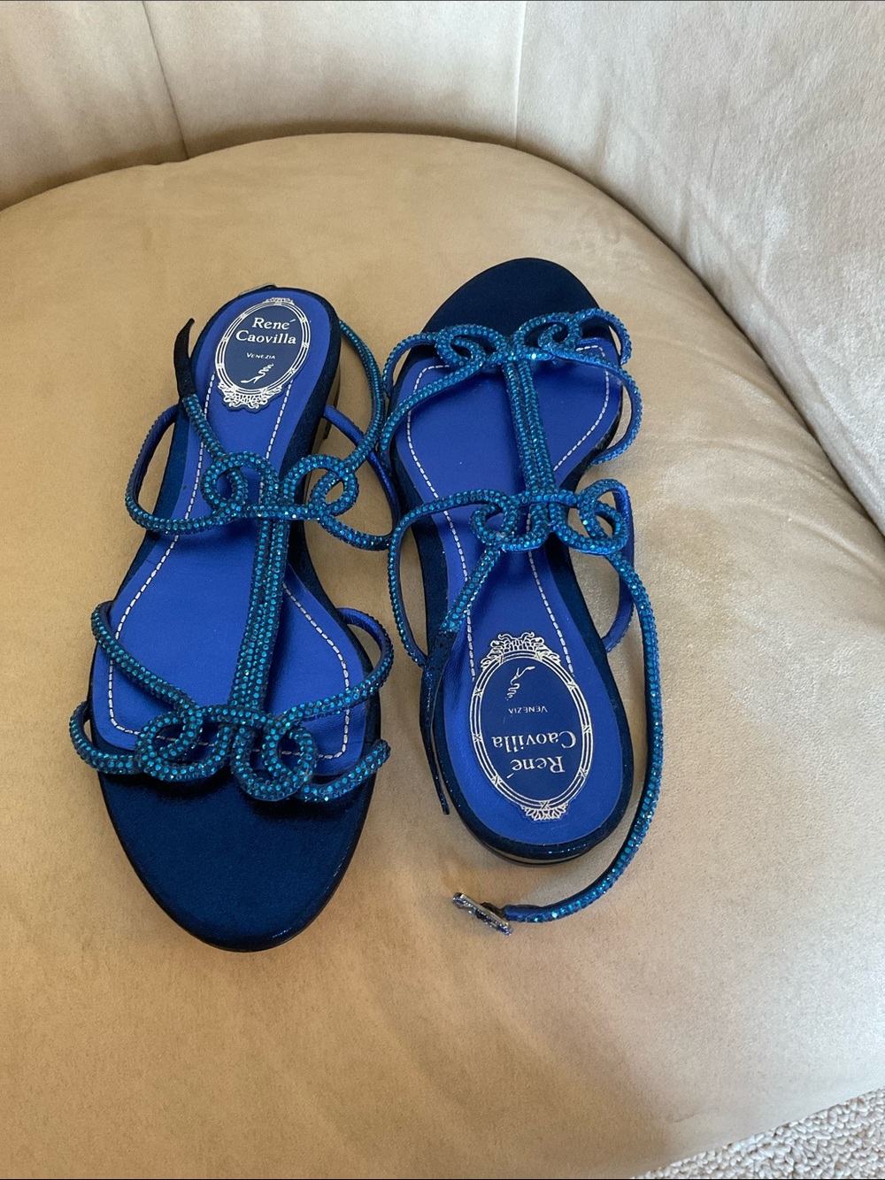 NEW RENE CAOVILLA SWAROVSKI CRYSTAL BLUE SANDALS 40 9.5 10  RARE AND GORGEOUS